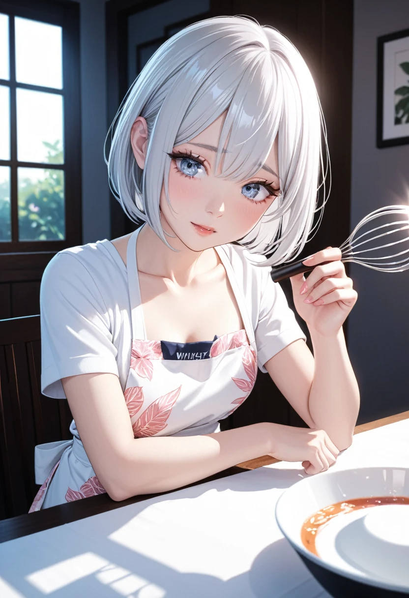 masterpiece, glowing particles, ambient lights, cute, full body detailed, 32K, high details, perfect lighting, perfect anatomy, soft light, BREAK ((shiny silver hair)), bob cut, bang between eyes, beautiful hair), (glossy silver eyes:1.5), (beautiful eyes, twinkle eyes, large eyes, close eyes), BREAK (athlete body), cute face, beautiful face, pretty face, beautiful, best quality, good anatomy, long eyelashes, expressive eyes, Perfect Hands, BREAK 1girl, pink botanical print apron, white shirt, short sleeves, afternoon, dining room, she is whisking the egg whites in a bowl with a whisk,