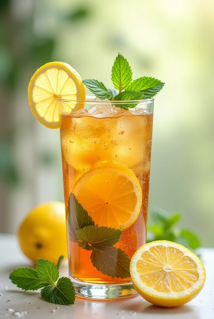 Add fresh lemon slices and a few leaves of mint on top, creating a refreshing and appetizing look. Make sure natural lighting highlights the freshness of the iced tea, with a clean, minimalist background to emphasize the photo's aesthetic. Use careful composition to highlight small details, such as dew drops on the surface of the glass and the beauty of contrasting colors. The end result should look real, like a professional photo that exudes a fresh and soothing atmosphere."