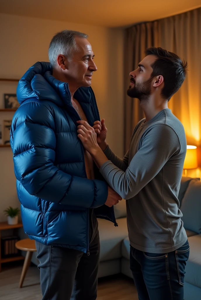 Create a hyper-realistic, high-resolution image showing two extremely handsome brightly lit living room. The older man, aged 42, with short hair beginning to show signs of balding, is wearing dark pants and an open, *extremely shiny blue nylon puffer jacket* that exposes his slightly hairy chest and slightly prominent belly. He is kneeling on the floor, *wearing a collar around his neck*, being pulled by his nephew, a 2 man with a naturally attractive physique, dressed in a fitted shirt and casual pants. The nephew pulls the collar with a confident and authoritative expression, while the uncle, *kneeling*, looks up with a submissive expression. The living room is warmly lit, with modern, comfortable decor that enhances the realism of the scene. The image should capture every detail with precision, emphasizing the interaction and contrast of roles between the two men.