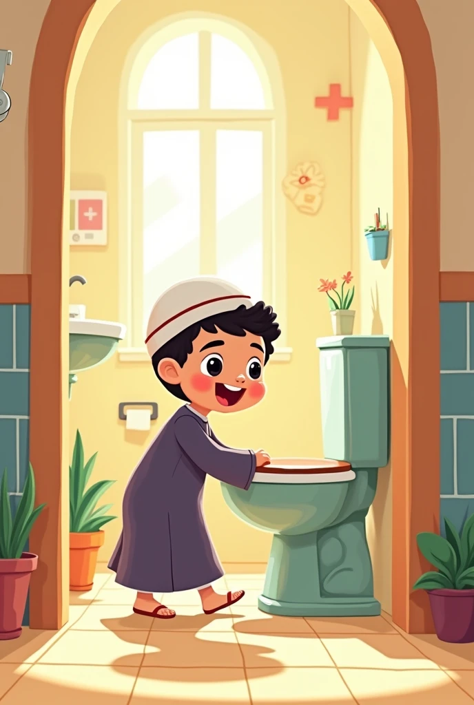 cartoon picture of a Muslim child entering the toilet with the left foot first