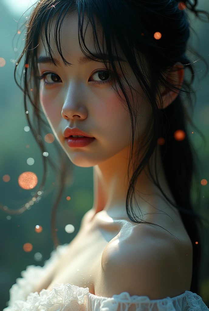 (((Full body image of a young Asian girl))),(Full body model shooting style), (Shy), 1 beautiful girl, , Shiny black hair、 Extremely rich facial details, Beautiful Eye, Lovely, Red cheeks,bright, Eye, Stunning beauty, (Rembrandt Lighting,Ring lighting),Tilt-Shift Lens, Sigma lenses, Surrealism, (Attention to skin details:1.2),4K, Dramatic rim light,glitter effects, high quality,Very delicate and beautiful, wonderful, detailed, masterpiece, 非常detailed, high resolution,Best Shot, ((Best shadow)),Exquisite contrast,complicated,Clear focus, high quality, ung Asian woman, Solitary.Lovely,(Water Drop,rainbow),雾状Water Drop,wet,lens flare,sleeveless,Ruffles,Beautiful breasts,Moist skin,Cool Eyes,Glossy lips,Radiant Skin,clear translucent skin,from above,waistline,Beautiful nipples,((No underwear, Very transparent, naked, Naked chest, Barely covers her nipples)),((wet, Her Hanfu is transparent,The wet skirt is clearly visible,Water drops flowing down the body)),Wet transparent silk Hanfu, 露出Slender legs,Blurred ahead, Eye,Vivid red,The graceful figure walks and dances lightly,((SIGMA 35mm Full Body Lens, Full body shot)) Jump and dance,Splashing water, Unreal Japanese castle with dizzying backlighting,Raindrops floating in the air,Wielding a spear,Water Drop四处飞溅,Rain-soaked armor,Intimate and transparent clothing,Mysterious Forest, Sexy dancing woman, Slender legs,The silk dress torn in the war could not hide her proud breasts