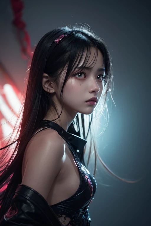 A digital illustration in an anime-style depicts a distressed young female character in a perilous situation. The character has long, dark black hair styled.Her hair appears wet and flows softly, creating a glossy effect. She has striking red eyes with intricate patterns, large eyelashes, and visible tears streaming down her cheeks, giving her an emotional and intense look. Her expression is one of fear and desperation, with her mouth slightly open. The character's pale skin is depicted with intricate highlights and reflections, showcasing a smooth texture with small water droplets scattered across her body, suggesting she is submerged in water. She wears only a small white Panty-like item, revealing her small, rounded chest and short, smooth, pubic hair. Her left arm is raised above her head while her right arm extends outward, both bound by dark appendages that envelop her wrists. The lighting is soft and diffused, coming from above and slightly to the left, casting gentle highlights and shadows that emphasize the character's features and the surrounding tentacles. The color palette includes various shades of blue, pink, black, red, and purple, with high contrast between the character and the background elements. The overall mood is tense and dramatic, with a balance between the character's vulnerability and the threatening environment, creating a striking visual narrative that emphasizes the contrast between the character's innocence and the menacing surroundings.