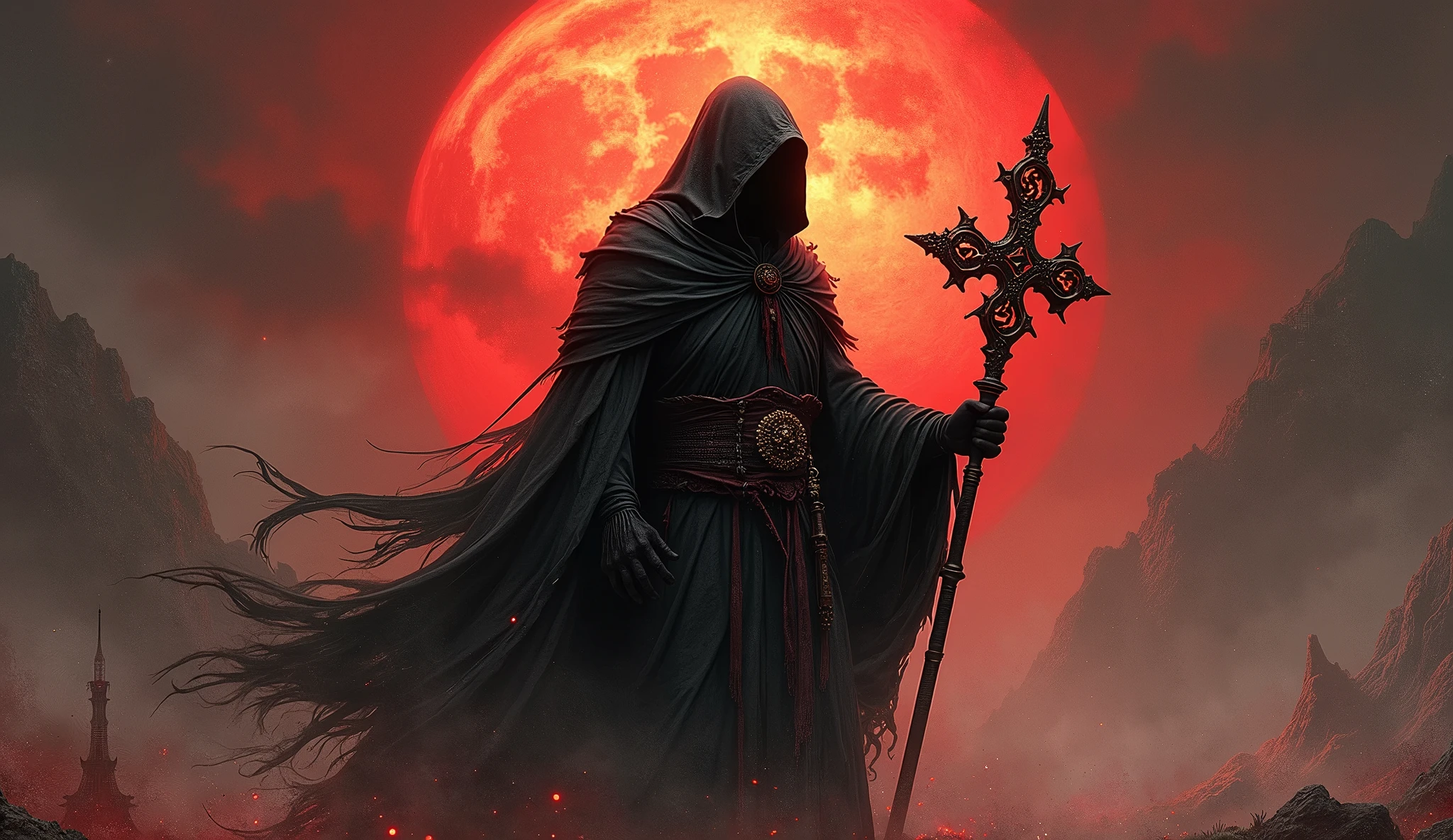 Reaper in，scyscraper，cross of dark lord, king of angmar, touch of death, Taoist robes，cultivating immortals，water ink，from the abys，self-assured，Fairy wind road bone，Blood flows in the background, big sun