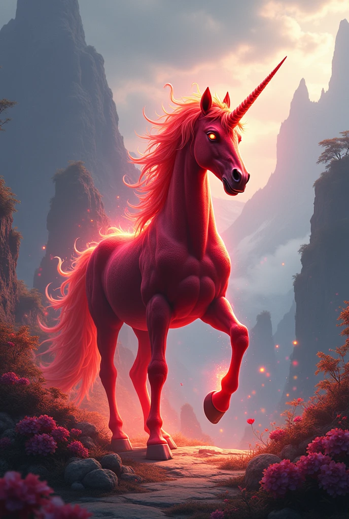 Magical scenery，An angry red unicorn