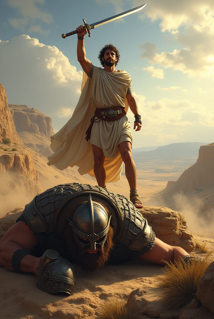 David with sword in hand on top of Goliath to cut off his head