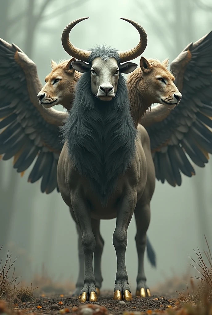 (photorealism:1.2), creature with four faces: that of a lion, an ox, an eagle and the last, a human, straight legs, four wings and bull hooves that shine like gold instead of feet, One pair of wings is used to cover its body and the other to fly.


