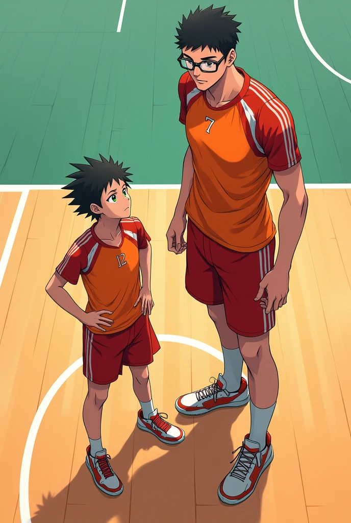 A volleyball duo composed of a tall, very white boy with glasses with short hair and a square body shape approximately 1.80 tall and 90 kilos, another boy approximately 1.65 tall and 70 kilos, thin body, white skin, hair short. Both with light eyes and wearing a uniform in shades of orange and red. Haikyu anime style