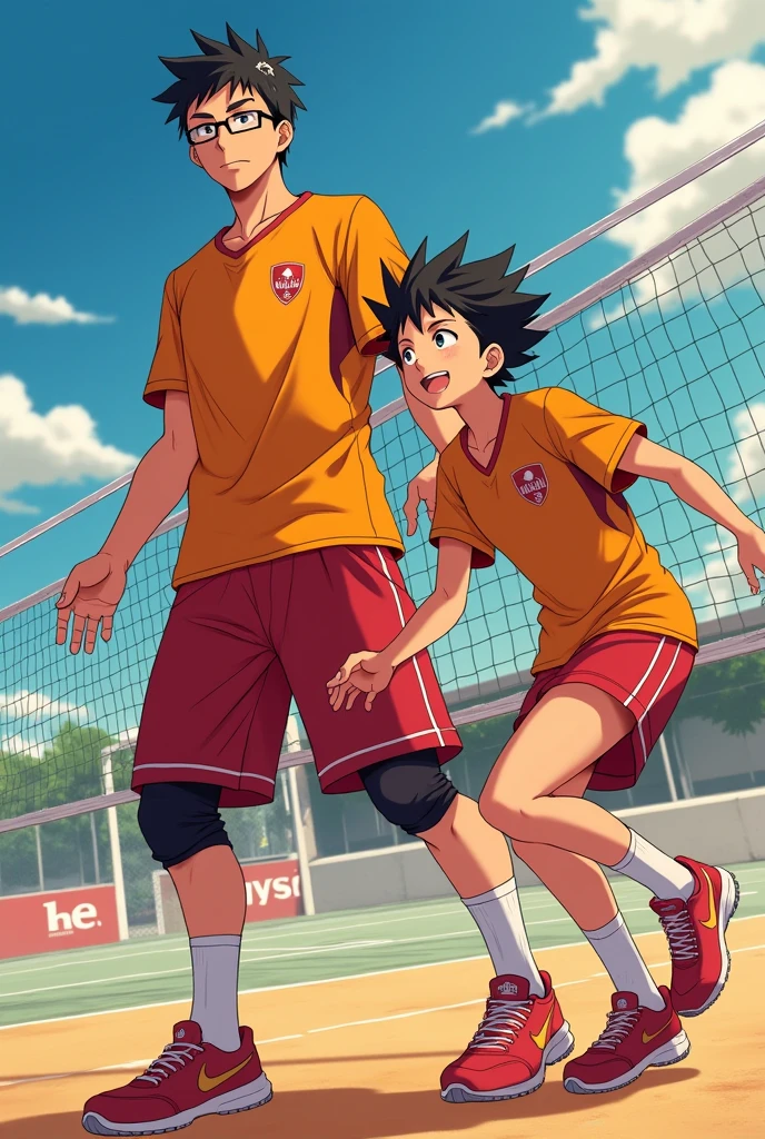 A volleyball duo composed of a tall, very white boy with glasses with short hair and a square body shape approximately 1.80 tall and 90 kilos, another boy approximately 1.65 tall and 70 kilos, thin body, white skin, hair short. Both with light eyes and wearing a uniform in shades of orange and red. Haikyu anime style