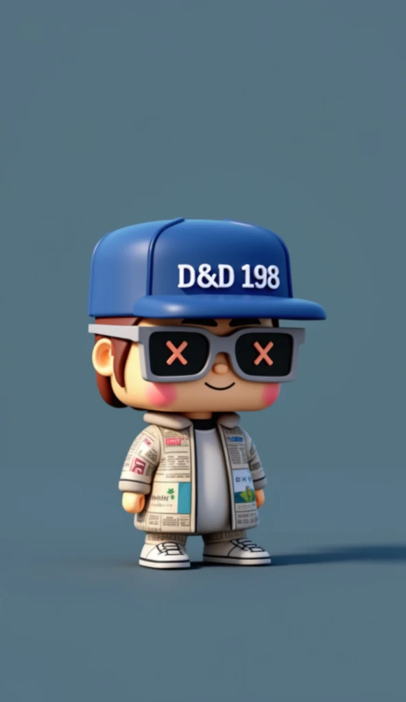 A unique toy character with a pixel art style. The character wears a hat with the text 'D&D198' displayed prominently on the front panel, in a stylish font. The character also has glasses, with one lens showing 'Xand the other x ensuring the text is legible. The character is dressed in modern streetwear, detailed with newspaper and magazine elements instead of regular patterns, and vibrant colors. The background is colorful, making the character look stylish and futuristic. The image should have a high-quality, C4D-style rendering.The award-winning, Best quality,