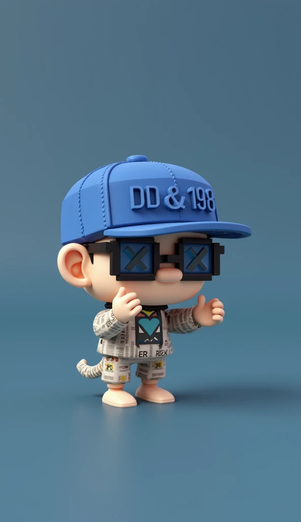 A unique toy character with a pixel art style. The character wears a hat with the text 'D&D198' displayed prominently on the front panel, in a stylish font. The character also has glasses, with one lens showing 'Xand the other x ensuring the text is legible. The character is dressed in modern streetwear, detailed with newspaper and magazine elements instead of regular patterns, and vibrant colors. The background is colorful, making the character look stylish and futuristic. The image should have a high-quality, C4D-style rendering.The award-winning, Best quality,