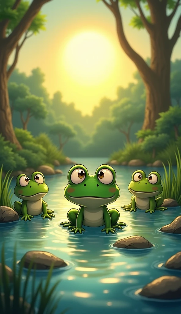 Setting: The same spot near the pond, but now the little frog is more determined. The sun is beginning to lower in the sky, casting long shadows.
Character Description: The little frog is still young and small, but now he looks more serious, his eyes focused on his goal. His friends remain the same, watching him with concern.
Show as cartoons