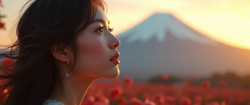 a beautiful woman gazing at mt.fuji,1girl,beautiful detailed eyes,beautiful detailed lips,extremely detailed face,long eyelashes,photorealistic,hyperrealistic,4k,8k,masterpiece,(best quality,ultra-detailed,professional,vivid colors,bokeh),realistic portrait,dramatic lighting,golden hour,warm color palette,cinematic composition
