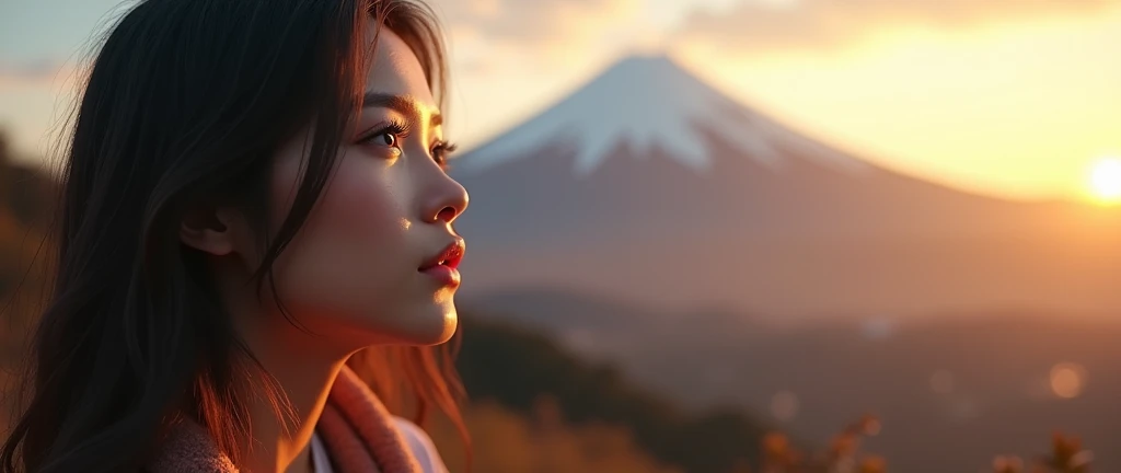a beautiful woman gazing at mt.fuji,1girl,beautiful detailed eyes,beautiful detailed lips,extremely detailed face,long eyelashes,photorealistic,hyperrealistic,4k,8k,masterpiece,(best quality,ultra-detailed,professional,vivid colors,bokeh),realistic portrait,dramatic lighting,golden hour,warm color palette,cinematic composition