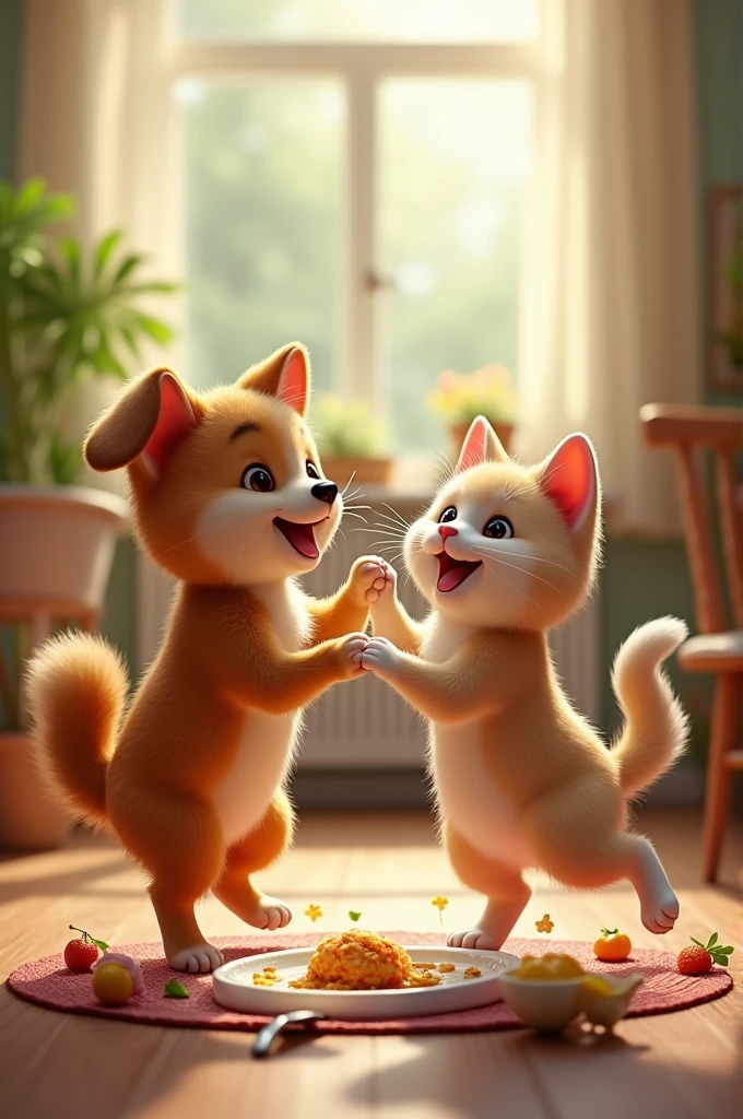 Dog and cat both dance and eating food and enjoy her day