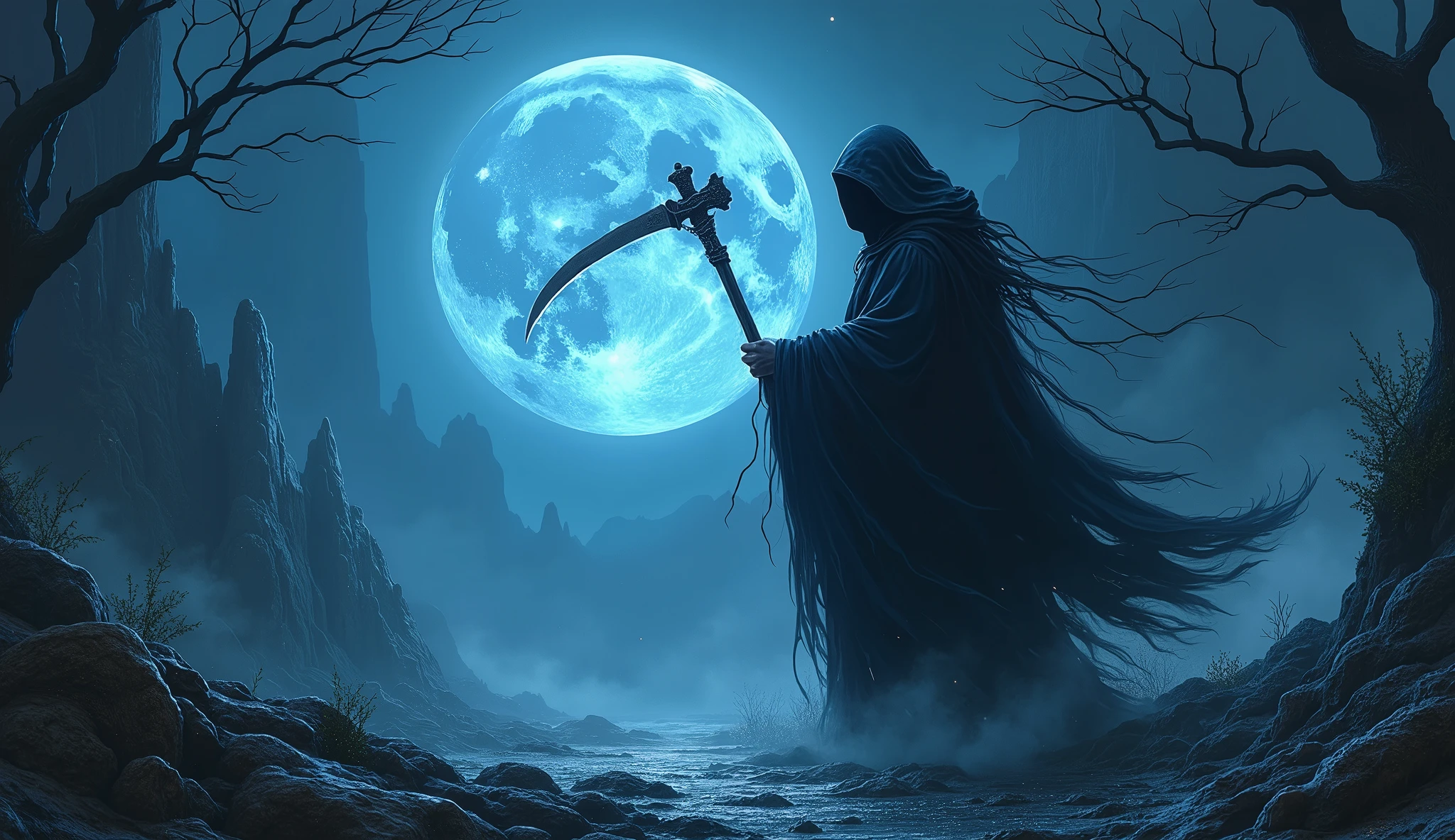 Reaper in,scyscraper,cross of dark lord, king of angmar, touch of death, Taoist robes,cultivating immortals,water ink,from the abys,self-assured,Fairy wind road bone,Blood flows in the background, big blue moon