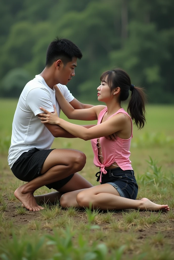 A handsome Indonesian man wearing a white T-shirt, the man is a professional wrestling martial arts trainer, the man is training his students, a beautiful Korean woman wearing a torn pink tank top , they are doing exercises. the movement of locking the legs by lying on the ground in the plantation