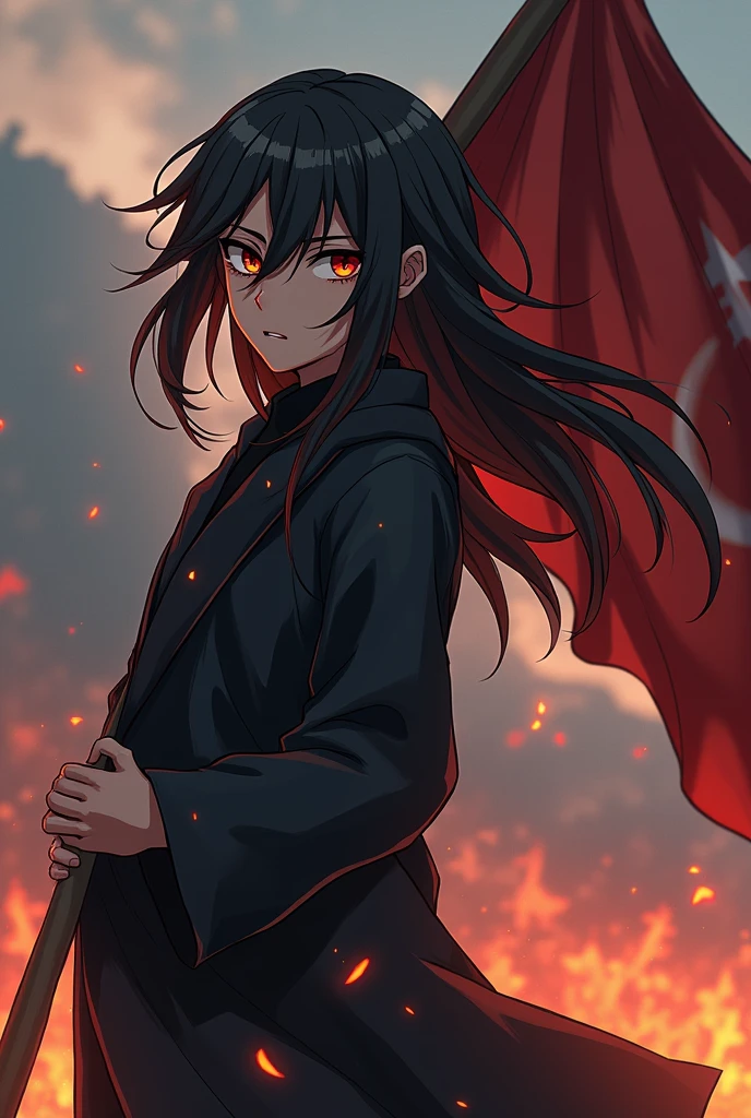 A anime boy. He is also muslim His face was turned to the left and he was giving a killer look. His hair was long and thick and was touching his face. (He was holding a big Islamic flag in one hand ) and the ending point of that flag was on the right. The boy looked very angry, there was a spark of fire in his background