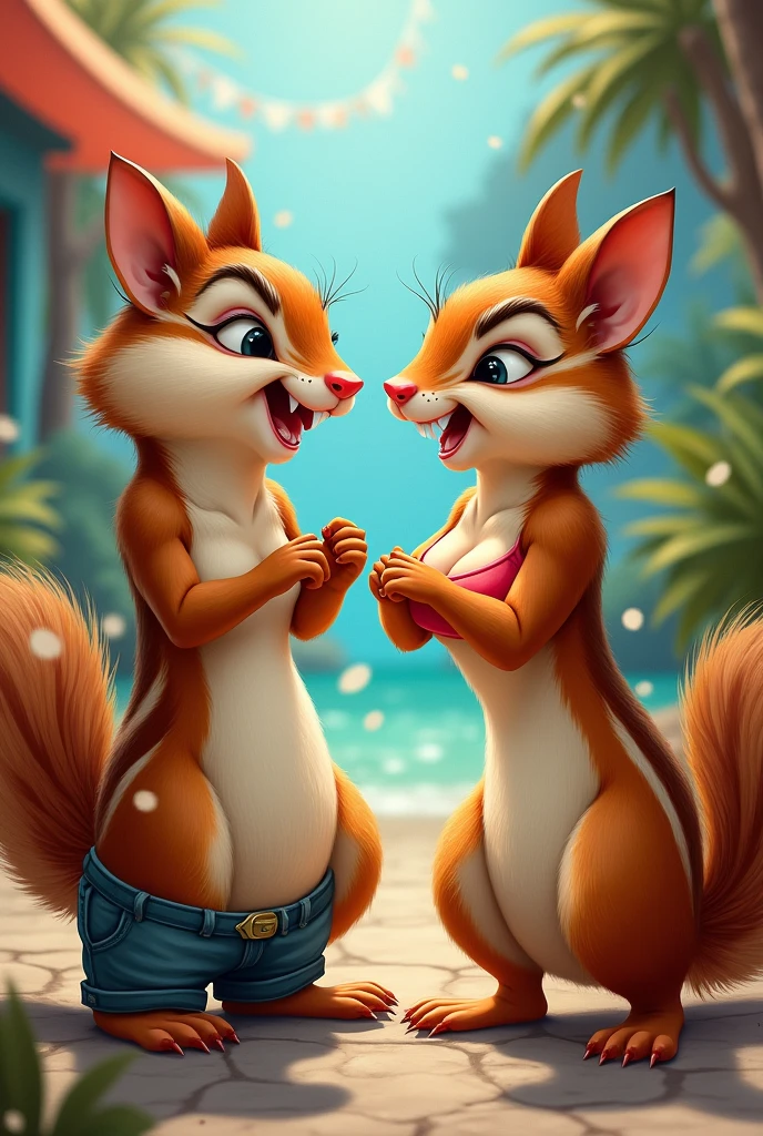Two horny chipmunks, One male, one female. The male one has a big bulge in his pants, the female one has breasts nearly falling out of its top. Make it a colourful caricature.