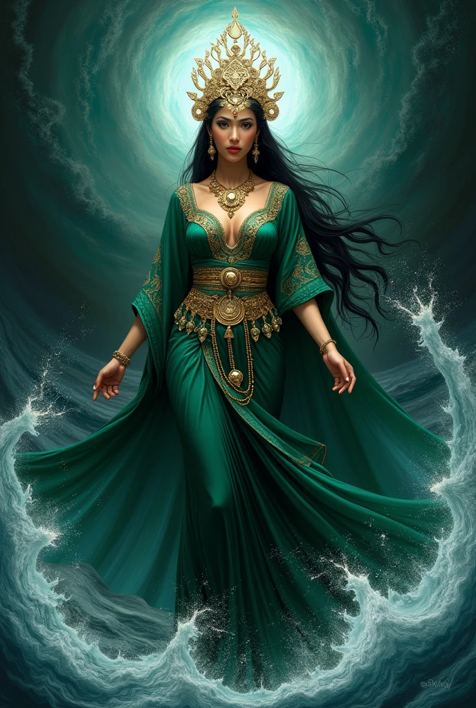 painting art of Kanjeng Ratu Kidul in a green dress with a gold belt, South Beach Queen, portrait of a beautiful goddess, goddess of Southeast Asia, goddess of love and peace, beautiful goddess, a stunning portrait of a goddess, painting of beautiful, earth goddess mythology, goddess of nature, goddess art, Indonesian goddess of wealth, female goddess, fantasy woman, goddess of beauty, wearing a small gold crown with a crystal arrangement in the middle, dark green kemben (camisole) luxurious jewelry, dark green shawl and cloth skirt batik sarong, smooth green and white, standing on blue water with waves and with a dramatic effect, surrounded by whirlpools, creating a mystical atmosphere, fractal art, bright and shining in the center with a dark background, water manipulation, intricate details, hyperrealistic, throughout body, UHD, HD, hyperdetail