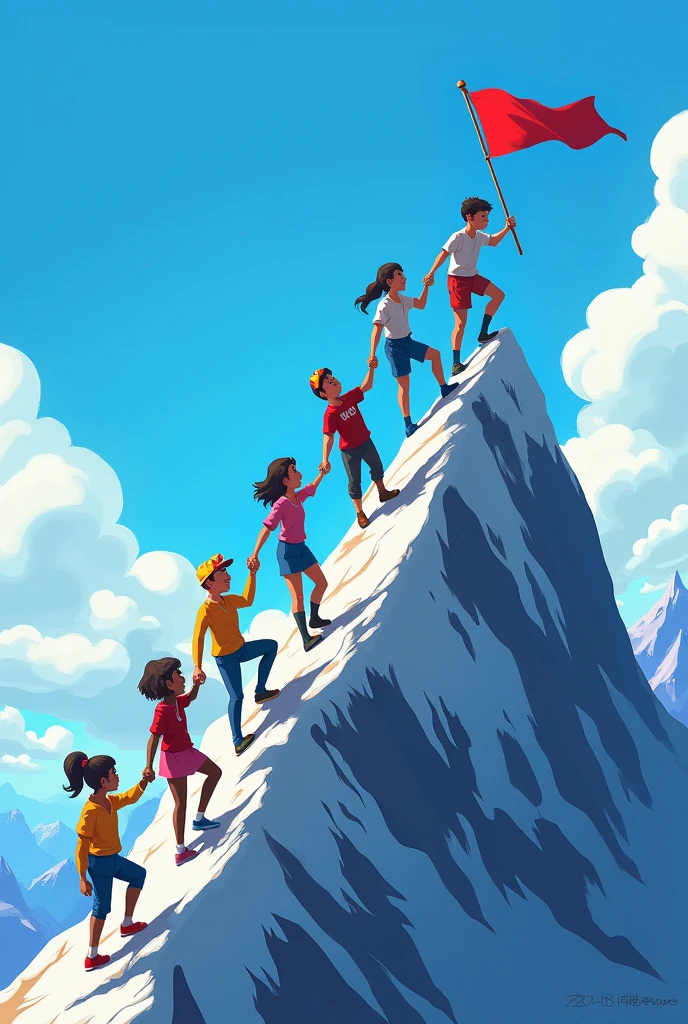 I needed 20 figures of young people holding each other's hands and climbing to the top. There should be a flag on top of the peak, and a blue background.
