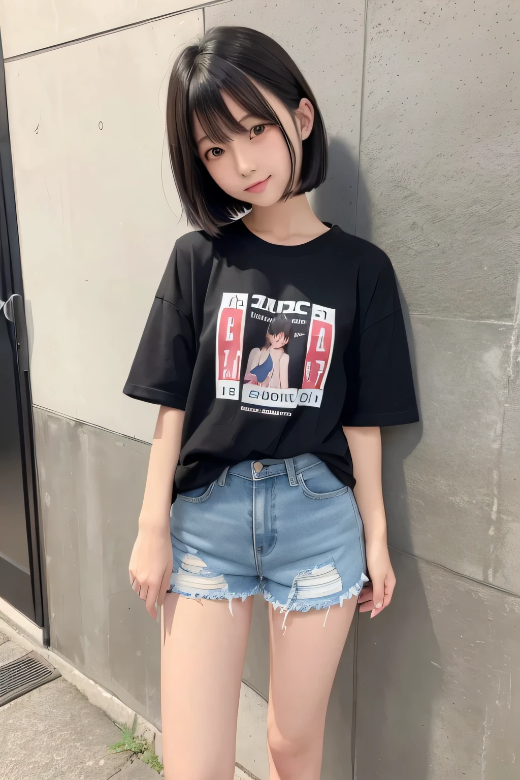 Extremely short, tight, and skinny denim shorts、Beautiful girl.,she is cute and beautiful like an idol.,She is pure and innocent.,She is wearing a T-shirt,High socks and sneakers.Japanese,Black short bob,A shy smile