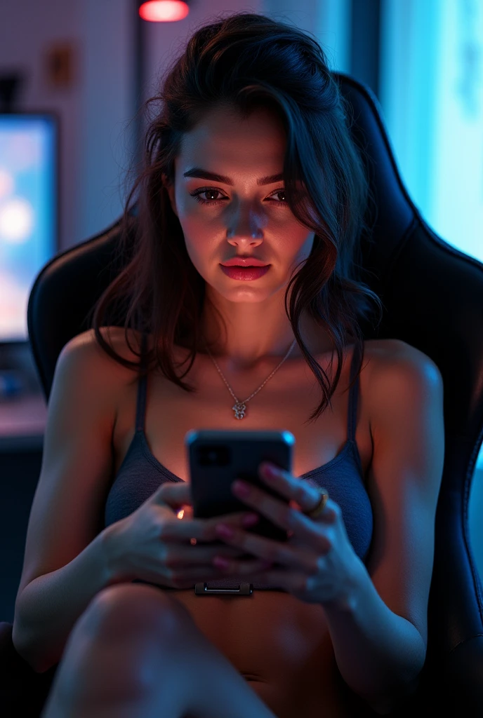 A hot and beautiful girl sitting on a gaming chair .and kissing her phone