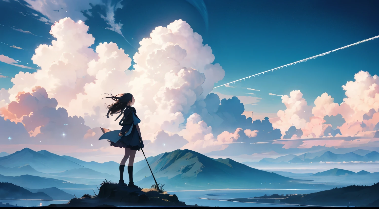 Absurd, High resolution, (Official Art, beautifully、aesthetic: 1.2), close,
Bright Sky, A vast world, girl, stare, Awe-inspiring expressions, Distant Horizon, cloud, High Hill, Natural Beauty, Inspiration, Light effects, Wide Shot, From afar,