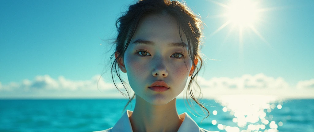Clear day, breathtaking silhouette of young beautiful face with shining transparent features, looking directly into camera, vast blue sea, golden horizon, typography, large "SeaArt" text in gradient in the center (Best quality, 8k, High resolution, Masterpiece: 1.2), Highly detailed (Realistic, Photorealistic, Realistic: 1.37), HDR, studio lighting, vivid colors, dramatic lighting,japanese woman