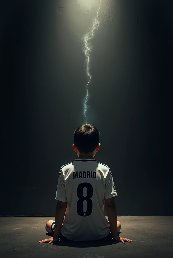 A boy wearing a Real Madrid jersey sits against a wall with his name written on the back. The boy will have a flash of light in front of him and the wall will be black.