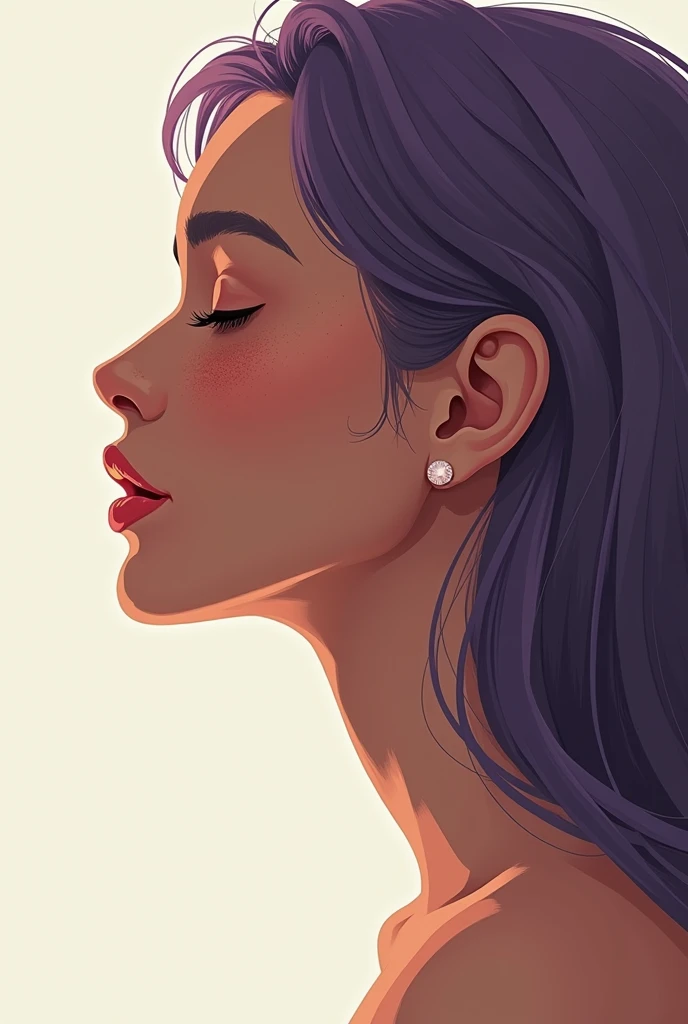 Imagine a highly detailed and realistic photo-quality illustration of a woman in profile, brown skin, with the head slightly tilted downwards. Neck forward, Her skin has a warm, pale tone., with freckles spread across her cheeks and nose. The hair is a violet tone, with subtle reflections that capture the light naturally, falling gently on his shoulders. Her lips are a soft pink color, complementing the warm tone of your skin. The eyes, although closed, They project serenity and peace.. bare s