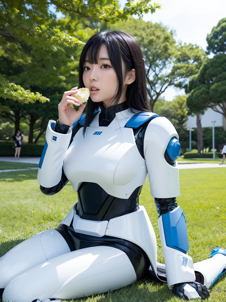 Japanese female android,Black Hair,White and blue robot suit,Plump,Eating on the lawn in the park,