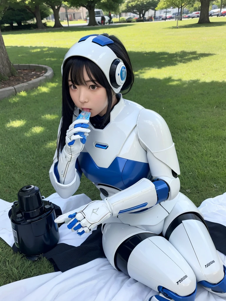 Japanese female android,Black Hair,White and blue robot suit,Plump,Eating on the lawn in the park,