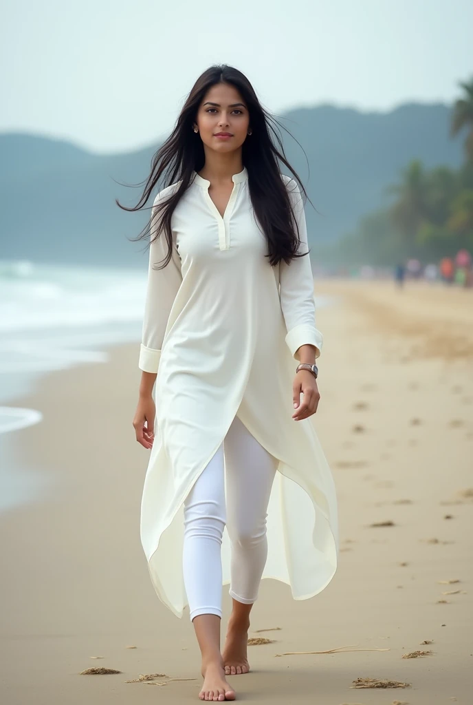 The image shows a young woman walking on a sandy beach. She is wearing a white kurta with a high slit on the side and white leggings. Her long dark hair is flowing in the wind and she is looking off to the side with a serious expression on her face. The background is blurred, but it appears to be a cloudy day with trees and hills in the distance. The overall mood of the image is somber and contemplative.