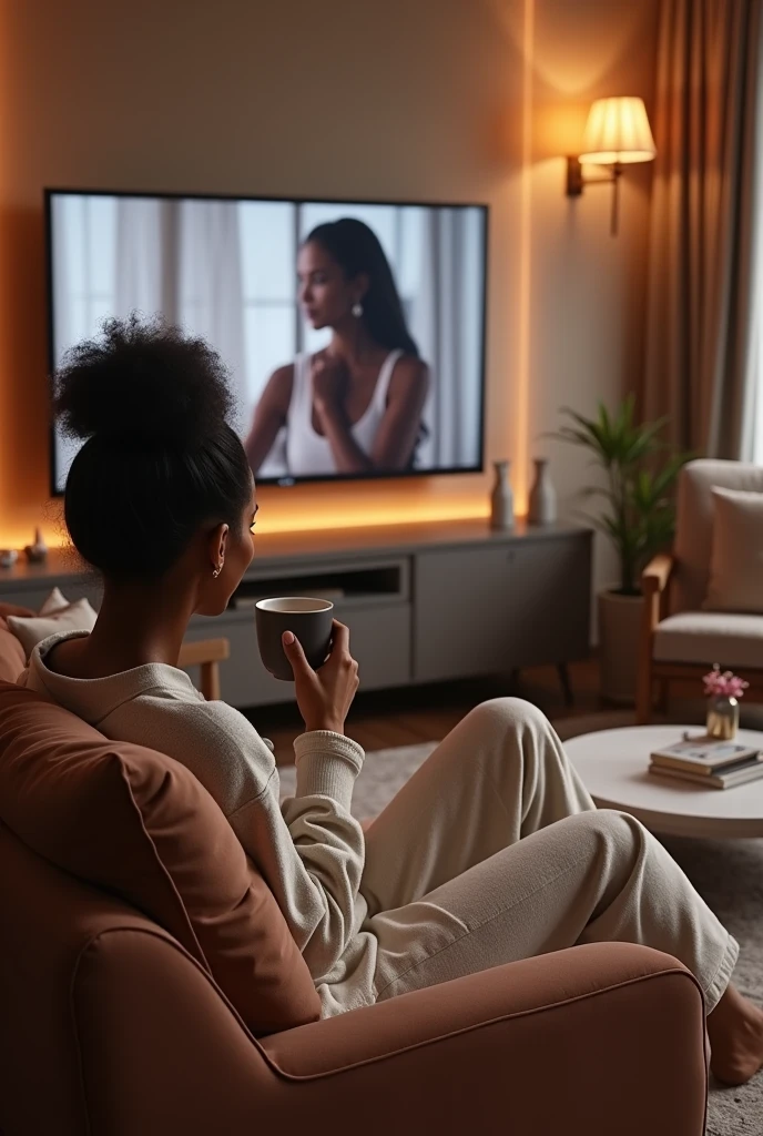 "Create a luxurious scene featuring a beautiful biracial woman in a boho chic Nordic living room. The centrepiece is a sleek 60-inch TV mounted on the wall, playing an episode of 'Emily in Paris.' The room is tastefully decorated with plush furniture, elegant lighting, and artistic decor that exudes sophistication. The woman is seated comfortably, possibly on a velvet sofa, with a a stylish cup of coffee , She is dressed in chic, swear pants comfort. The atmosphere should radiate warmth, style, and a sense of relaxation, showcasing the perfect blend of luxury living and indulgent entertainment."