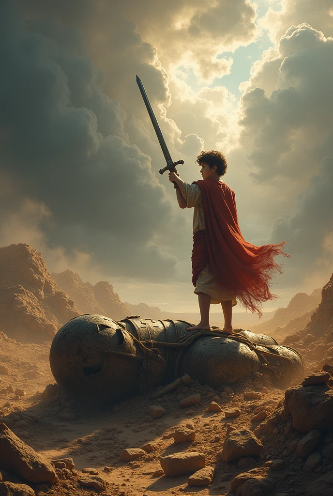 David with the sword in his hand on top of Goliath to cut off his head