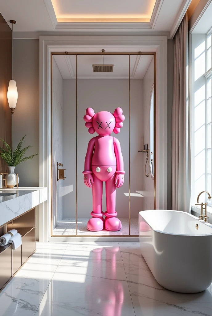 Create a very hyper realistic luxury bathroom having pink kaws in shower 