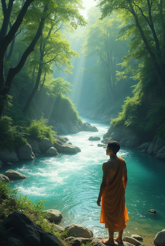 One btamhana young age man sea the river in the middle of the forest,that river looks very veautiful cant express in words ,the river looks very besutiful and that bramhana men saw that river in the forest
