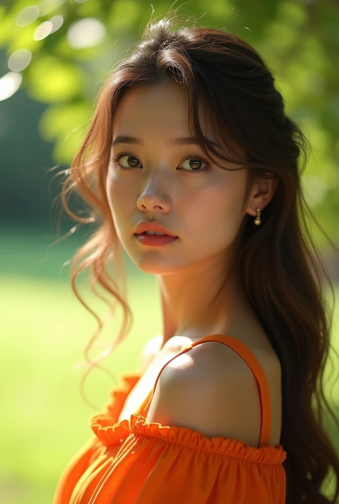 a woman, At the park, sunny day, orange summer dress, RAW, UHD, 8k, (close:1.1), head, Highly detailed face, beautiful eyes
