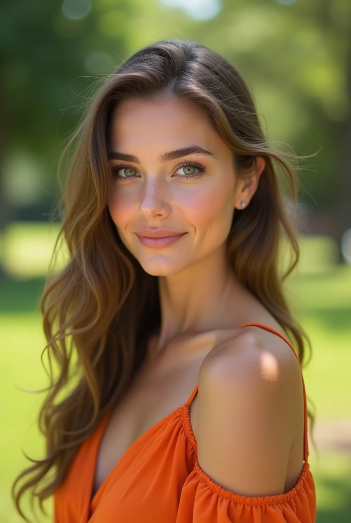 a woman, At the park, sunny day, orange summer dress, RAW, UHD, 8k, (close:1.1), head, Highly detailed face, beautiful eyes