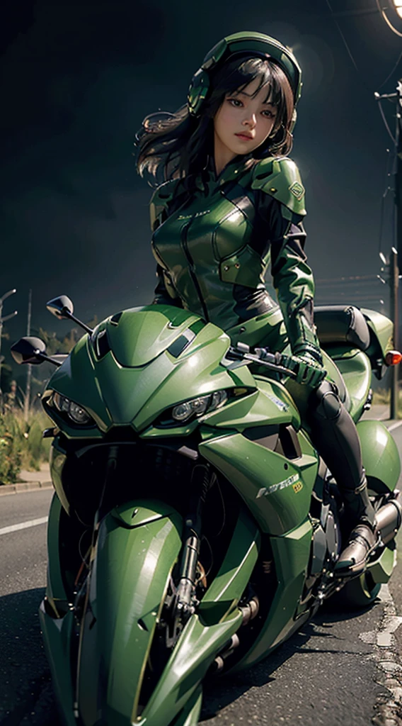 Highest image quality, outstanding details, ultra-high resolution, (realism: 1.4), the best illustration, favor details, highly condensed 1girl, with a delicate and beautiful face, dressed in a black and green mecha, wearing a mecha helmet, holding a directional controller, riding on a motorcycle, the background is a high-tech lighting scene of the future city.