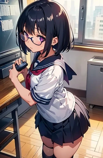 Elementary school girl, , Large Breasts、　 Black Hair, Short Bob, Purple eyes　Glasses　 （One person） Short-sleeved sailor uniform　Navy blue mini skirt　Gray panties　School classroom　Are standing　Black socks　Dynamic Angle Athletic Shoes　Low Angle