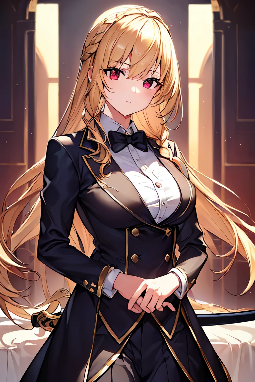 (4K、masterpiece、Highest quality、high resolution、Detailed light、Detailed Shadows、Detailed Design)、1 girl、Blonde、Braided into head、tuxedo、Meet and greet、Cool clothes、Butler、Holding a sword、Sword Fighting、Fighting pose、Red Eyes