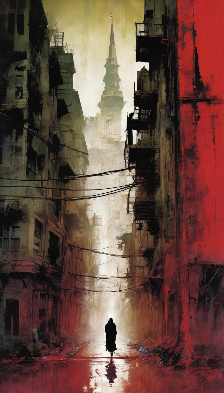 city ​​of blood, gloomy buildings, blood canals, art inspired by Bill Sienkiewicz and Dave McKean
