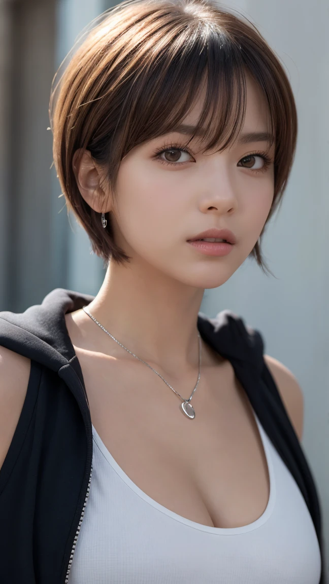 masterpiece, Highest quality, Very detailed, 8k, Realistic, One Girl, alone, Tomboy, Very detailed face, (head shot:1.5), Upper Body, silver pixie cut hair, She is wearing a short tank top and an open zippered hoodie., I can see her cleavage,Emphasise that you're not wearing a bra、Reaching into the pocket of a hoodie,Futuristic urban landscape