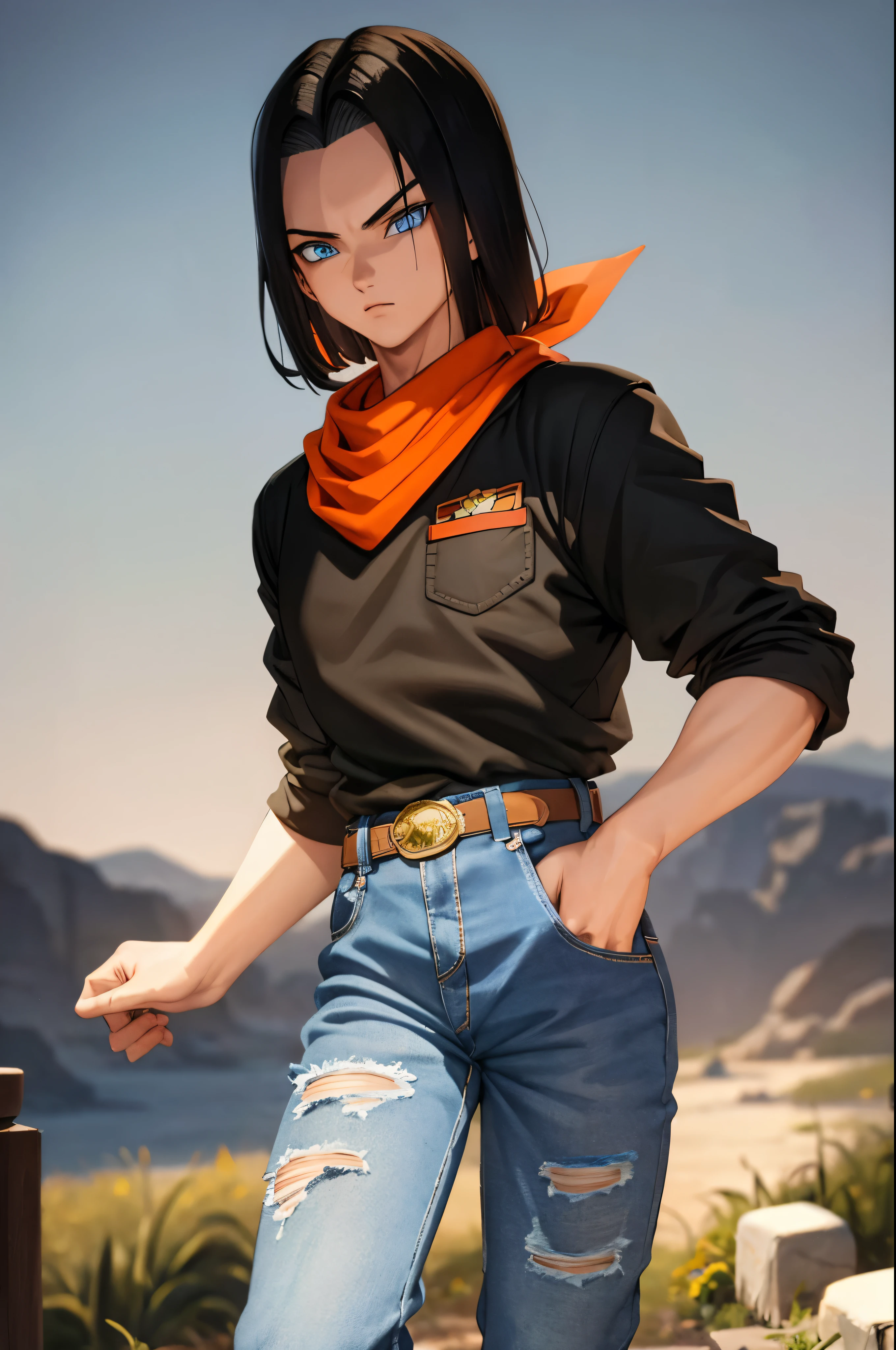 A masterpiece, best quality, detailed and expressive eyes, perfect facial features, high resolution, 1 boy, alone, android 17-inspired boy, (male body:1.3), blue eyes, black hair, parted hair, short hair, black shirt, jeans, layered shirt, white sleeves, orange bandana, blue sneakers, green socks, brown belt, red freckles, outdoor, landscape, standing, portrait, looking at viewer