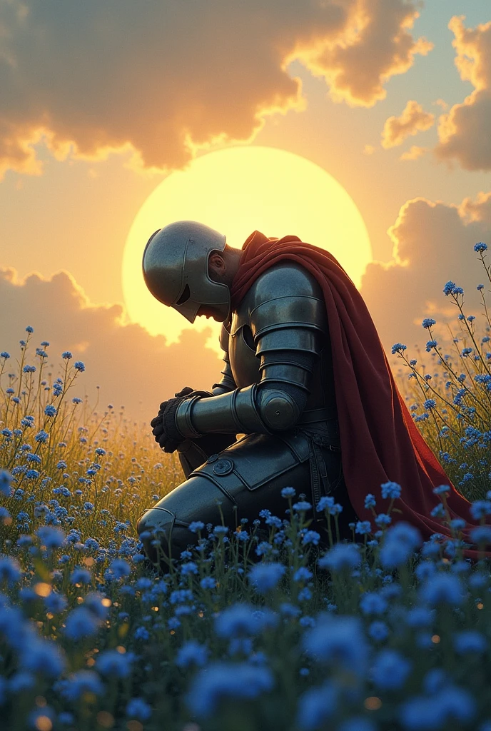 A knight among the forget-me-not flowers field. He is bending one of his knees. He is tired because of the battle but he is the winner and he feels peacefully. He has helmet and have bended his head. The sun sets behind him
