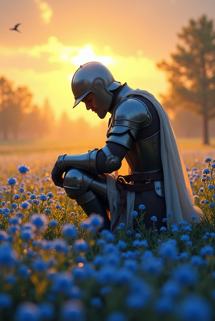 A knight among the forget-me-not flowers field. He is bending one of his knees. He is tired because of the battle but he is the winner and he feels peacefully. He has helmet and have bended his head. The sun sets behind him
