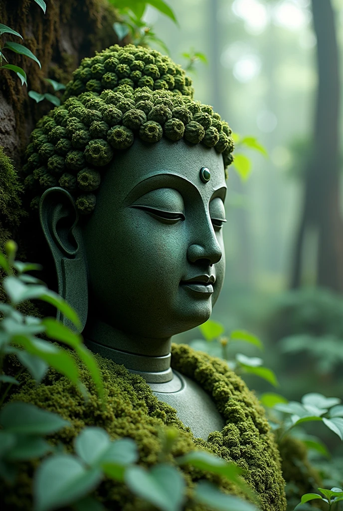 Harmony with nature,A world after the extinction of humanity, a temple that has returned to the forest, a Buddha statue covered with moss and ivy, close-up, mystical place, mystical work