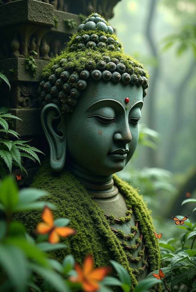 Harmony with nature,A world after the extinction of humanity, a temple that has returned to the forest, a Buddha statue covered with moss and ivy, close-up, mystical place, mystical work