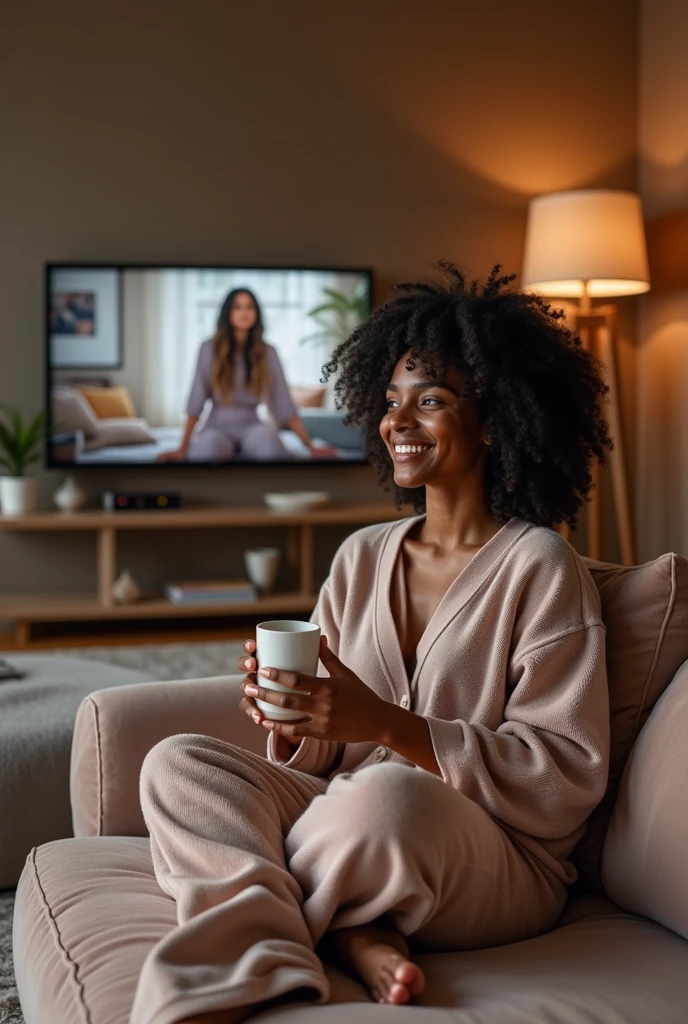  "Create a luxurious scene featuring a happy beautiful biracial woman in a boho chic Nordic living room. The centrepiece is a sleek 60-inch TV mounted on the wall, playing an episode of 'Emily in Paris.' The room is tastefully decorated with plush furniture, elegant lighting, and artistic decor that exudes sophistication. The woman is seated comfortably, possibly on a velvet sofa, with a a stylish cup of coffee , She is dressed in chic, swear pants comfort. The atmosphere should radiate warmth, style, and a sense of relaxation, showcasing the perfect blend of luxury living and indulgent entertainment."